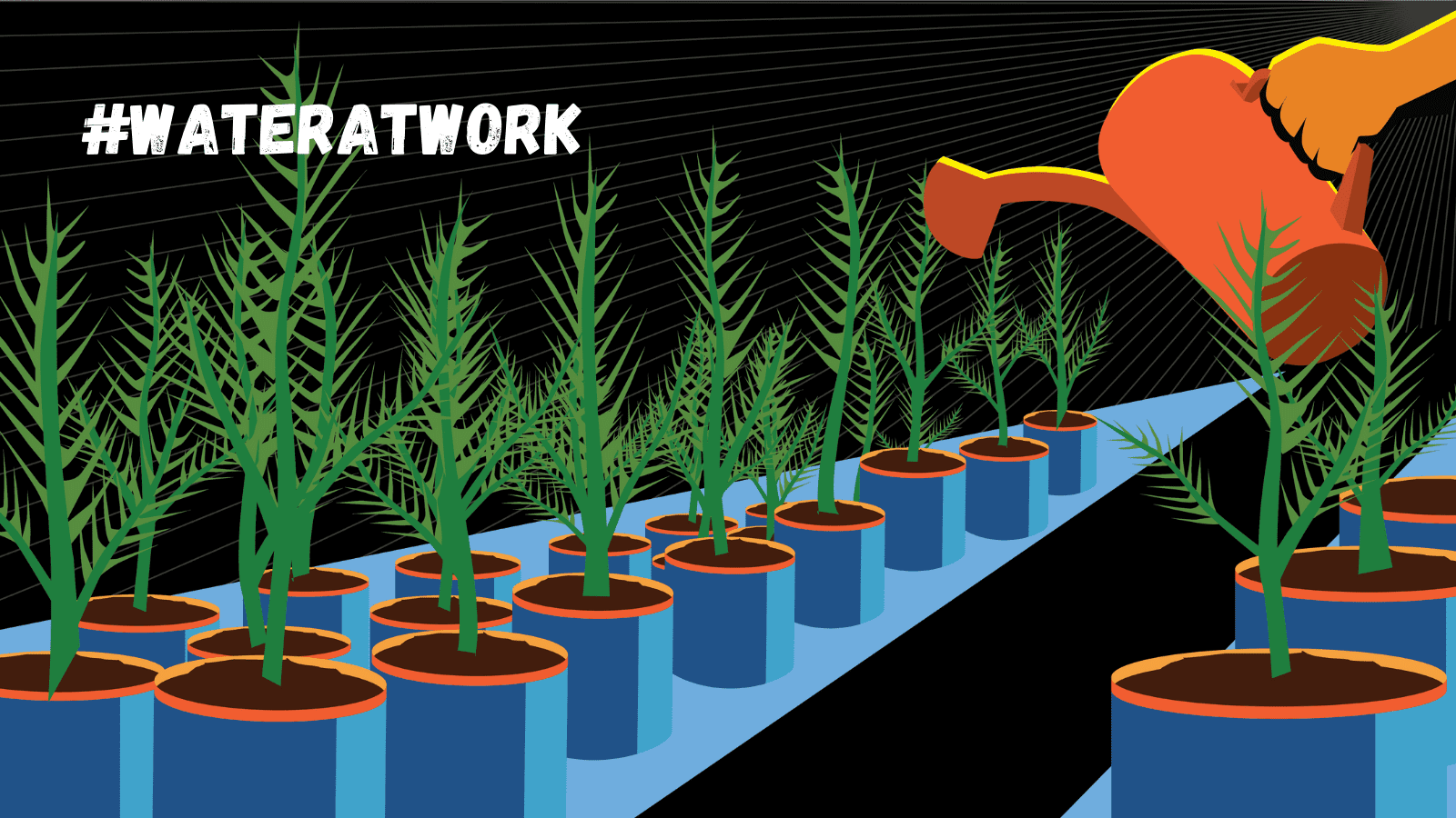 Illustration of tree saplings being hand watered. Text: #WaterAtWork.