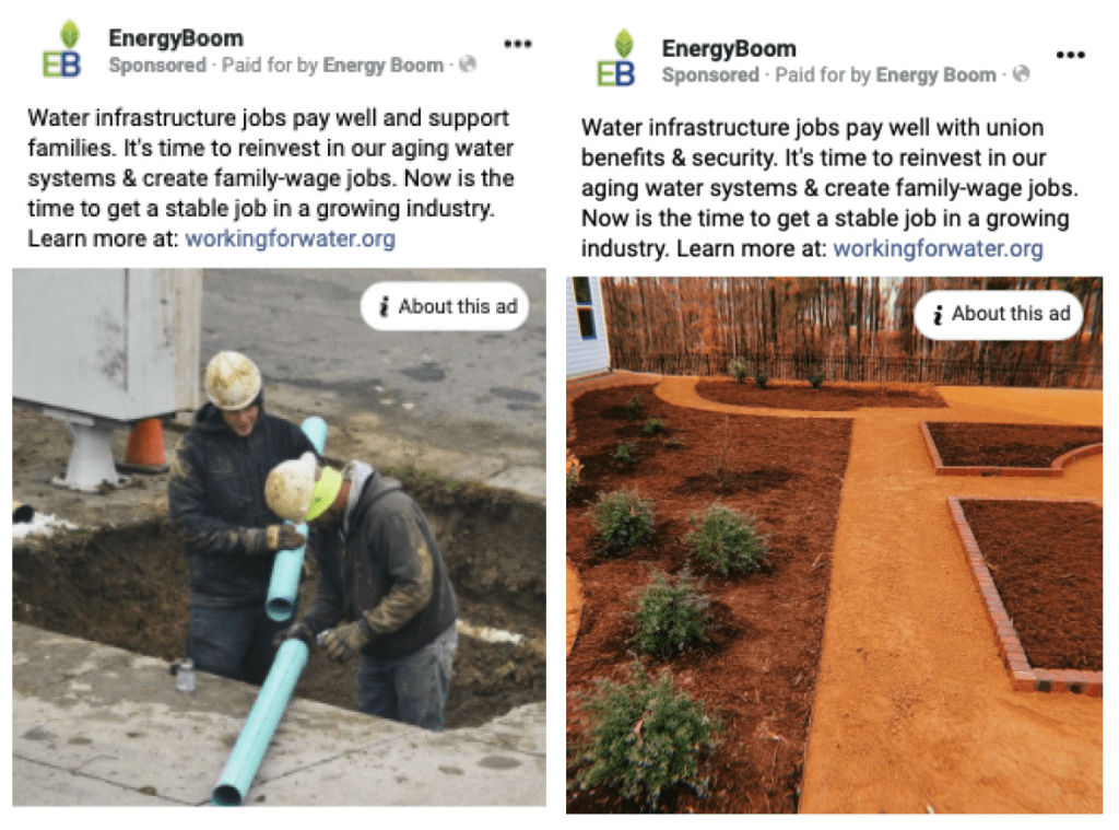Image: sample digital ads from the campaign. Text: Water infrastructure jobs pay well and support families. It's time to reinvest in our aging water systems and create family-wage jobs.  With image of two construction workers replacing water pipes.