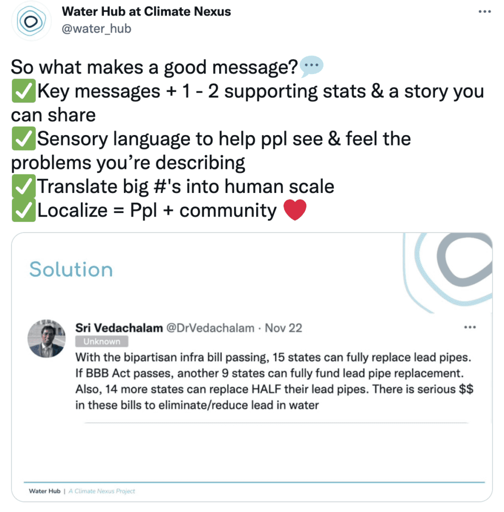 Media interview tips. Screen capture of a tweet: What makes a good message?
Tweet showing text With bipartisan infra bill passing, 15 states can fully replace lead pipes. If BBB Act passes, another 9 states can fully fund lead pipe replacement. There is serious $$$ in these bills to eliminate/reduce lead in water.
