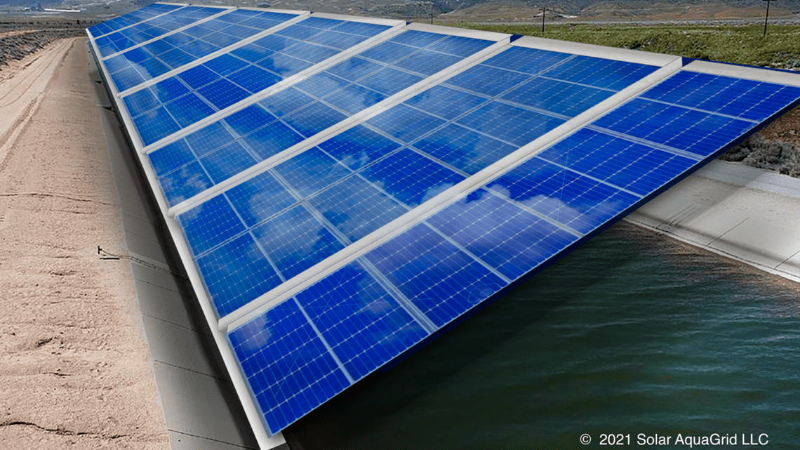 Rendering of solar panels over a water irrigation canal