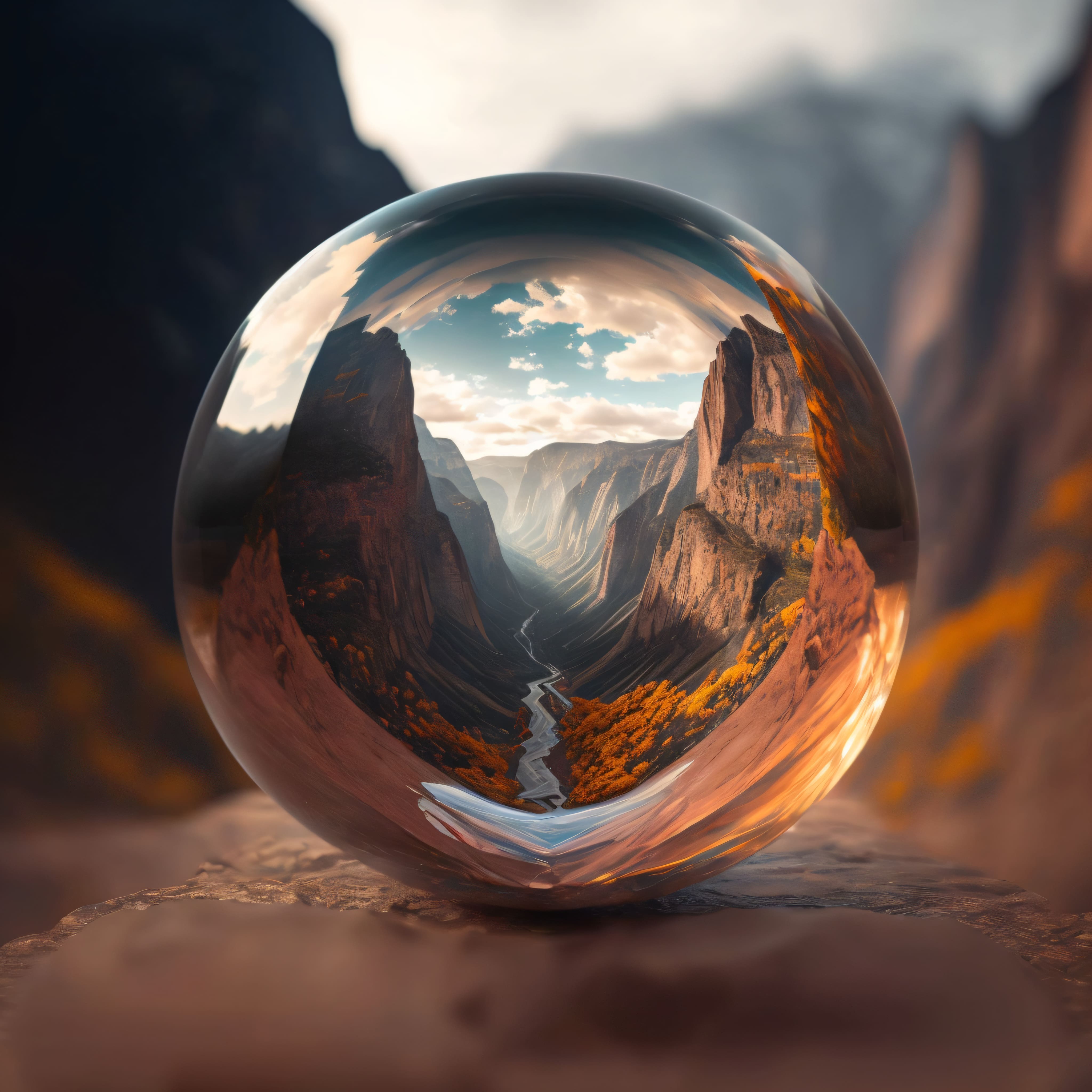 Photograph of a clear crystal ball in front of a canyon with orange rocks and a blue river running through it.