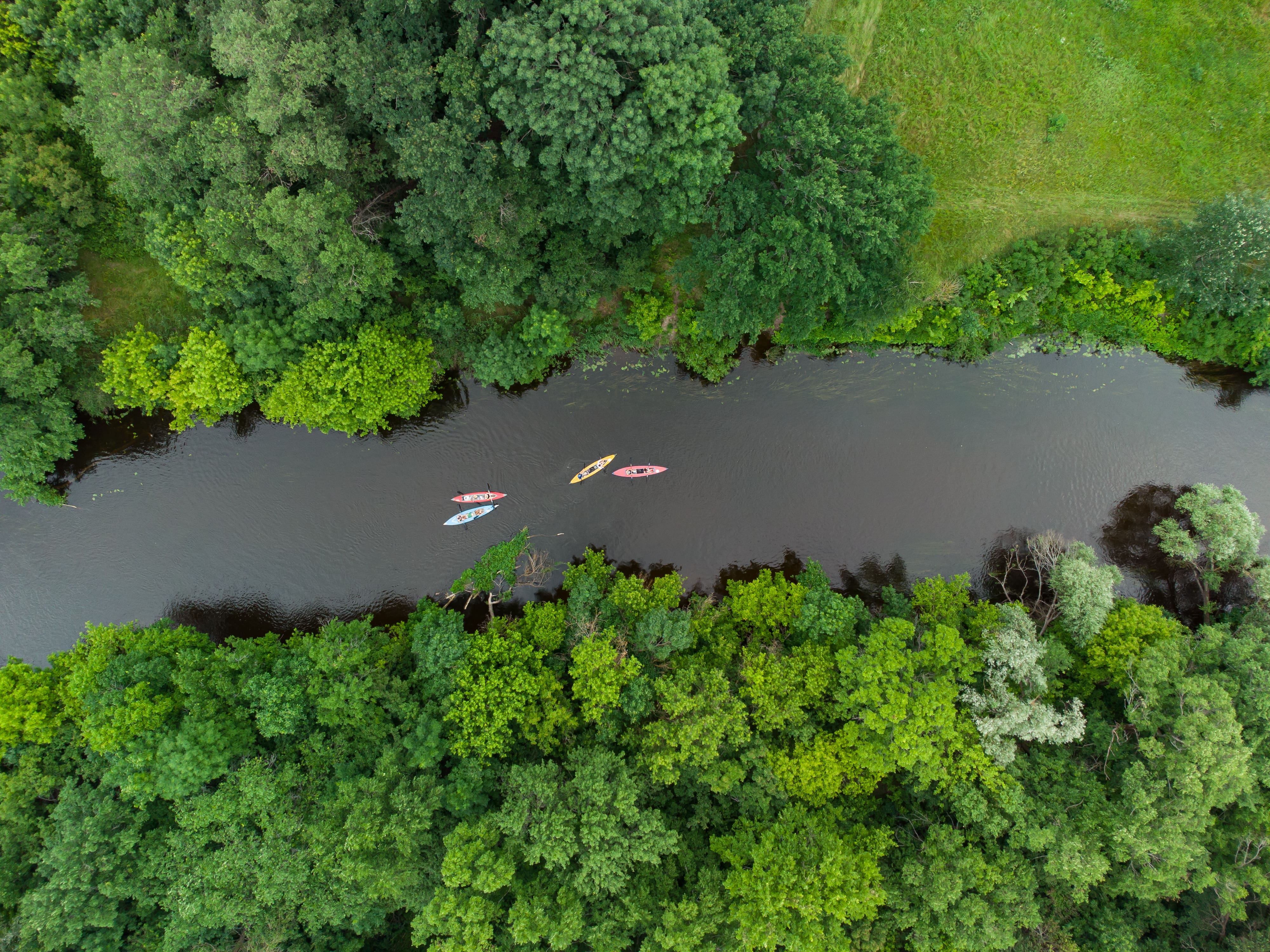 aerial view of a large group of kayaks traveling on a forest river on a summer day