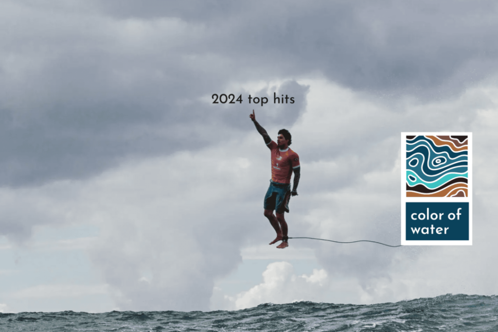 Image of a male surfer suspended in the air raising his hand with the sea at the bottom and with the text 2024 top hits and the logo of Color of Water.