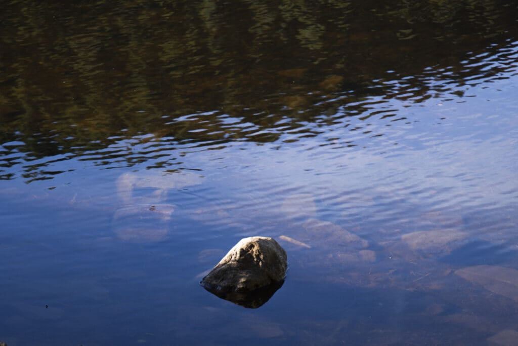 Close up image of the water in a lake with a small stone surfacing in the middle of the picture