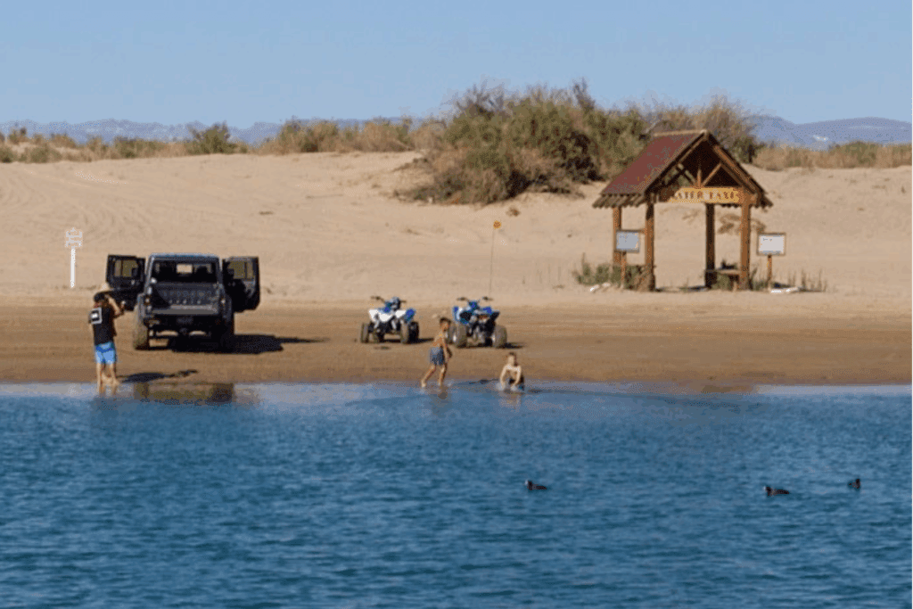 Photograph of a family playing on a beach along the Colorado River in Needles, California