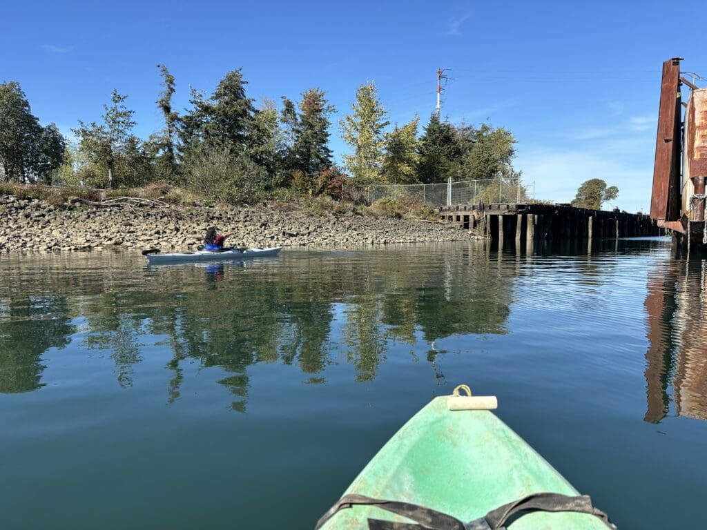 a point of view photo from someone's kayak on a river