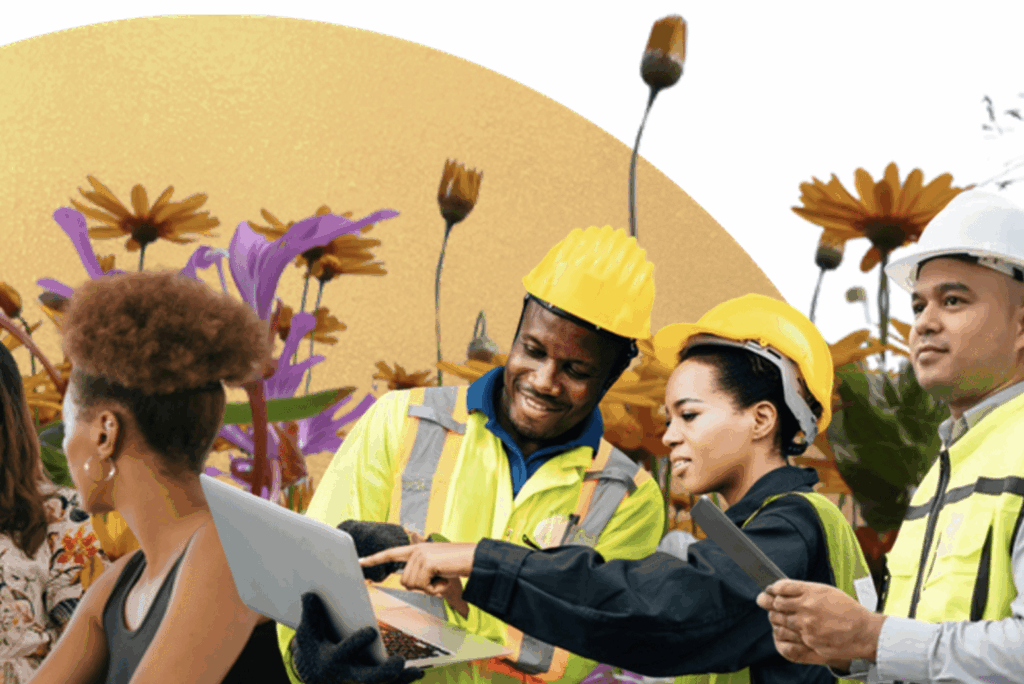 A man and a woman point at a screen dressed as construction workers with an image of flowers in the background.