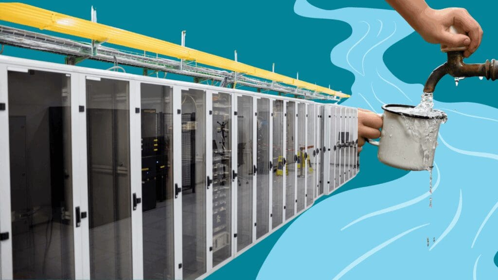 Collage of computers, a river, and a hand holding a cup overflowing with water from a tap