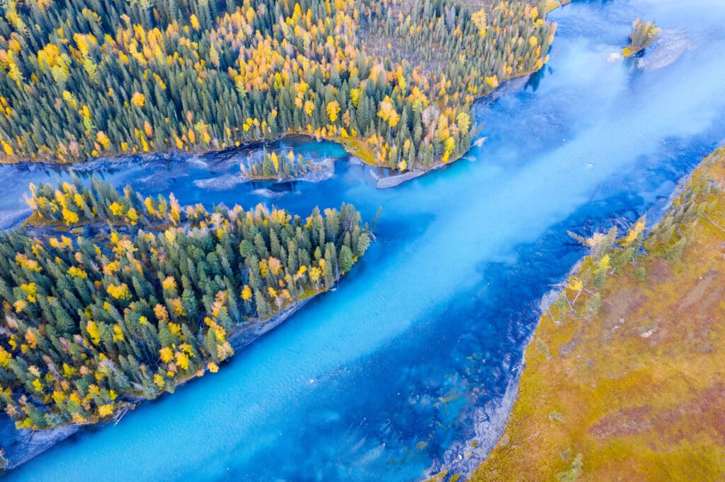 An aerial view of Kanas river landscape in autumn, xinjiang, China