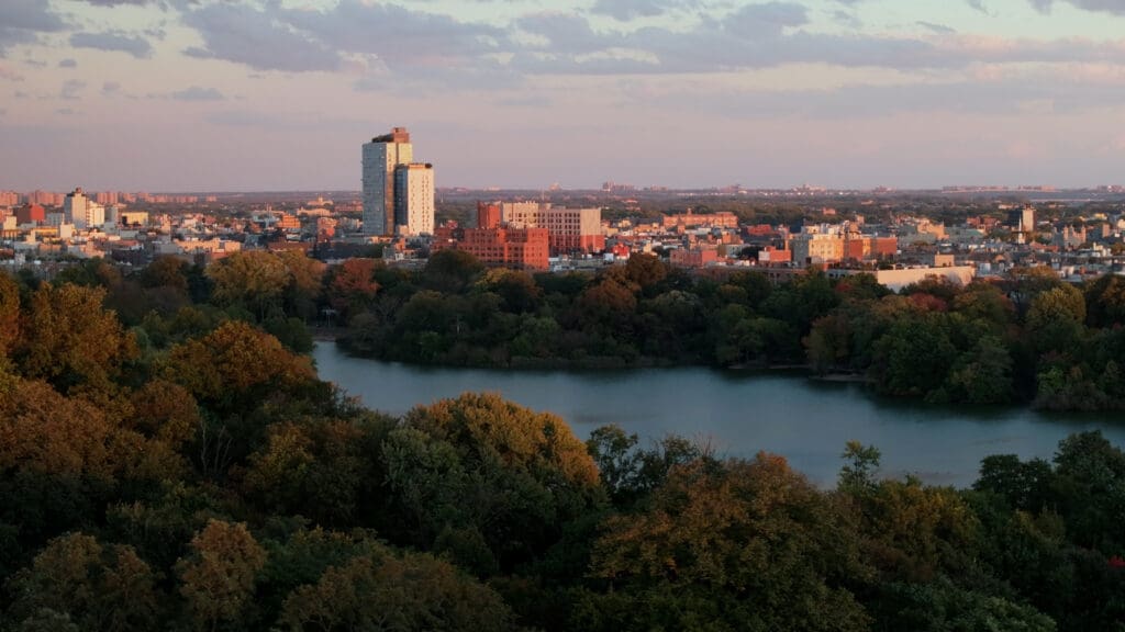 Aerial view of Brooklyn's Prospect Park at sunset