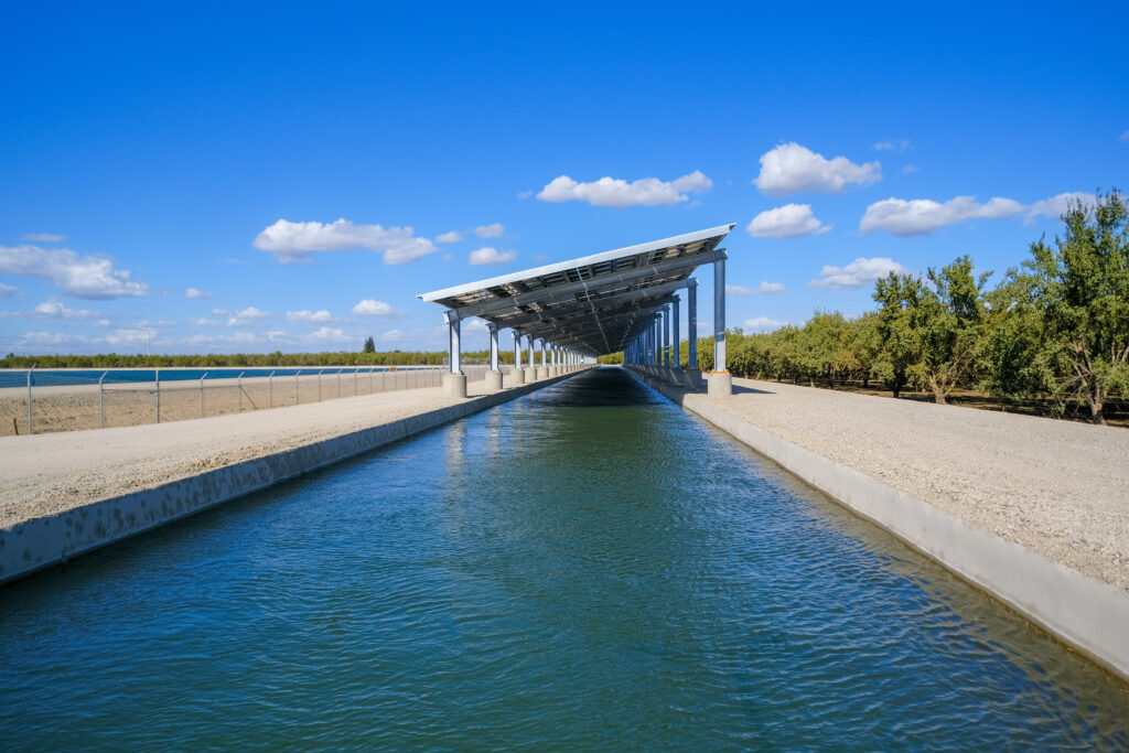 A solar panel covers an irrigation canal in Turlock, Calif.