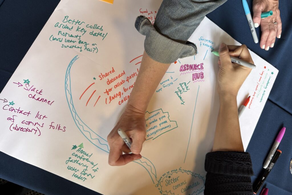 people's hands writing communications needs for the water movement