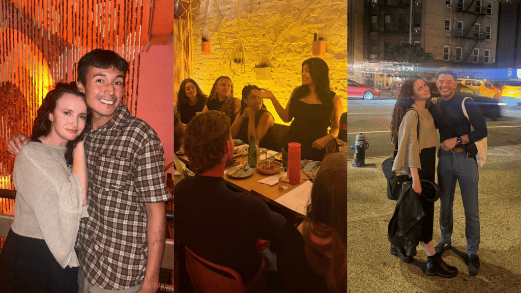 guests hugging, creators listening to a speaker at a long table, and two attendees on a nighttime street